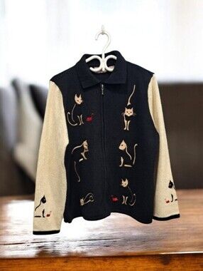TanJay Black and Cream Cat Embroidered Jean Jacket Vintage